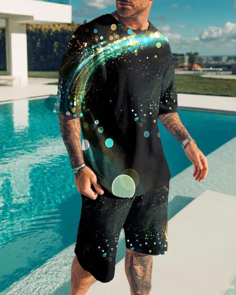 Men's Casual Colorblock Print Short Sleeve T-Shirt and Shorts Two-Piece Set 13