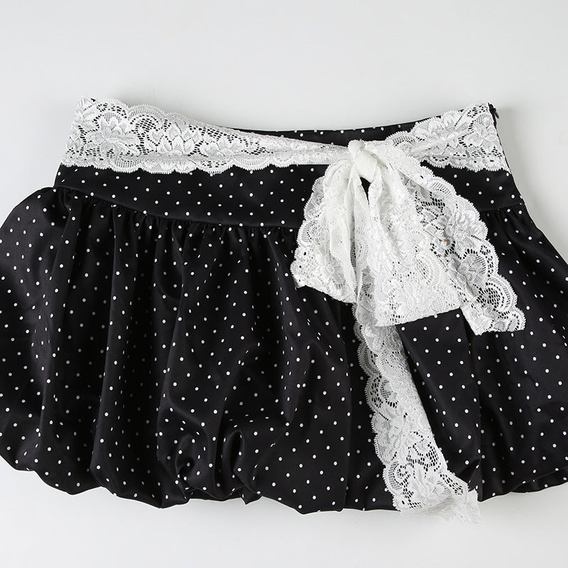 Women Summer French Lace Polka Dot Contrast Flower Bud Mini Dress 26