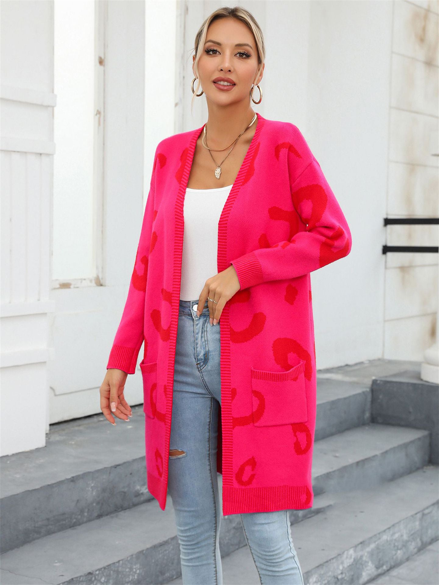 Plus Size Women Fall and Winter Leopard Knitting Cardigan Sweater 6