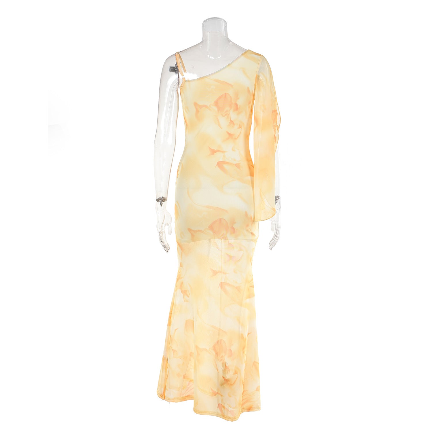 Sexy Slash Shoulder Strap Dress Women Holidays Fishtail Print Mesh Long Dress 6