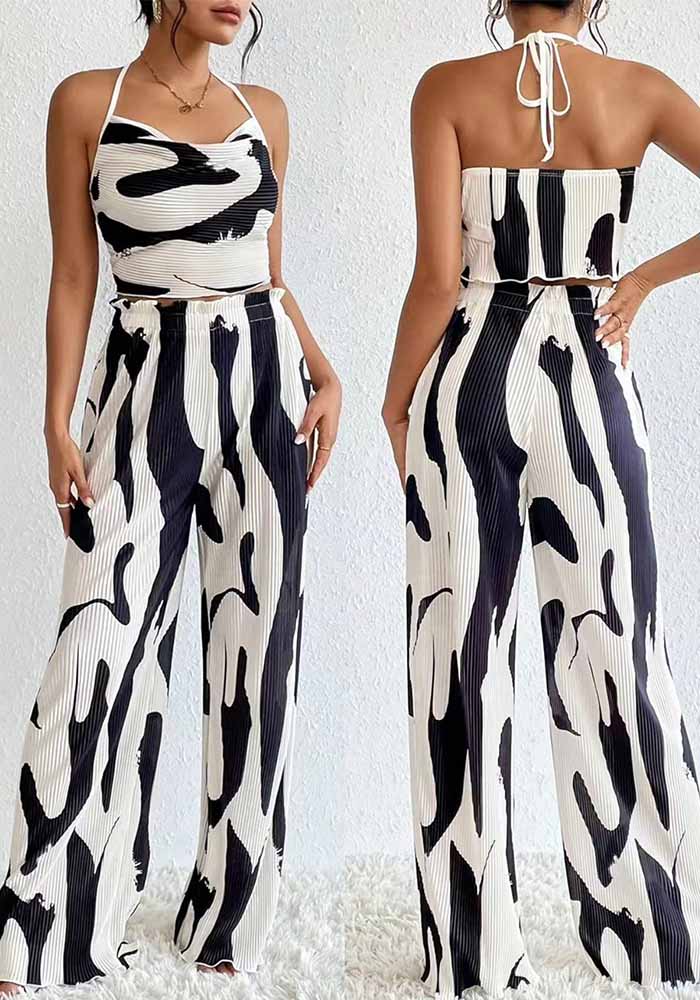 Women Summer Printed Halter Neck Wide Leg Pants Casual Two-piece Set