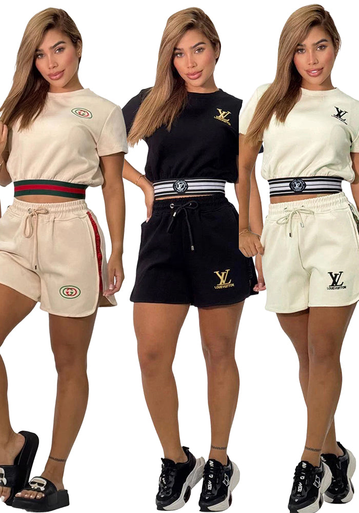 Women's Fashion Casual Cotton Trendy Embroidered Embossed Ribbon Short-Sleeved Shorts Set