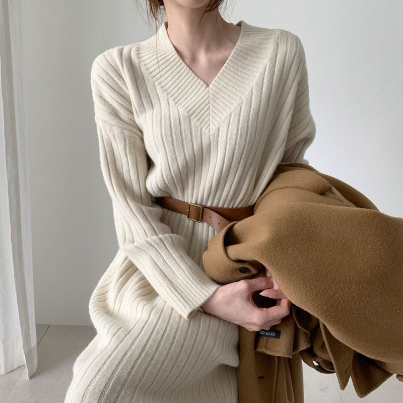 Autumn And Winter Retro Chic Knitting Dress Women's Loose Lazy Style Basic Sweater Long Dress 9