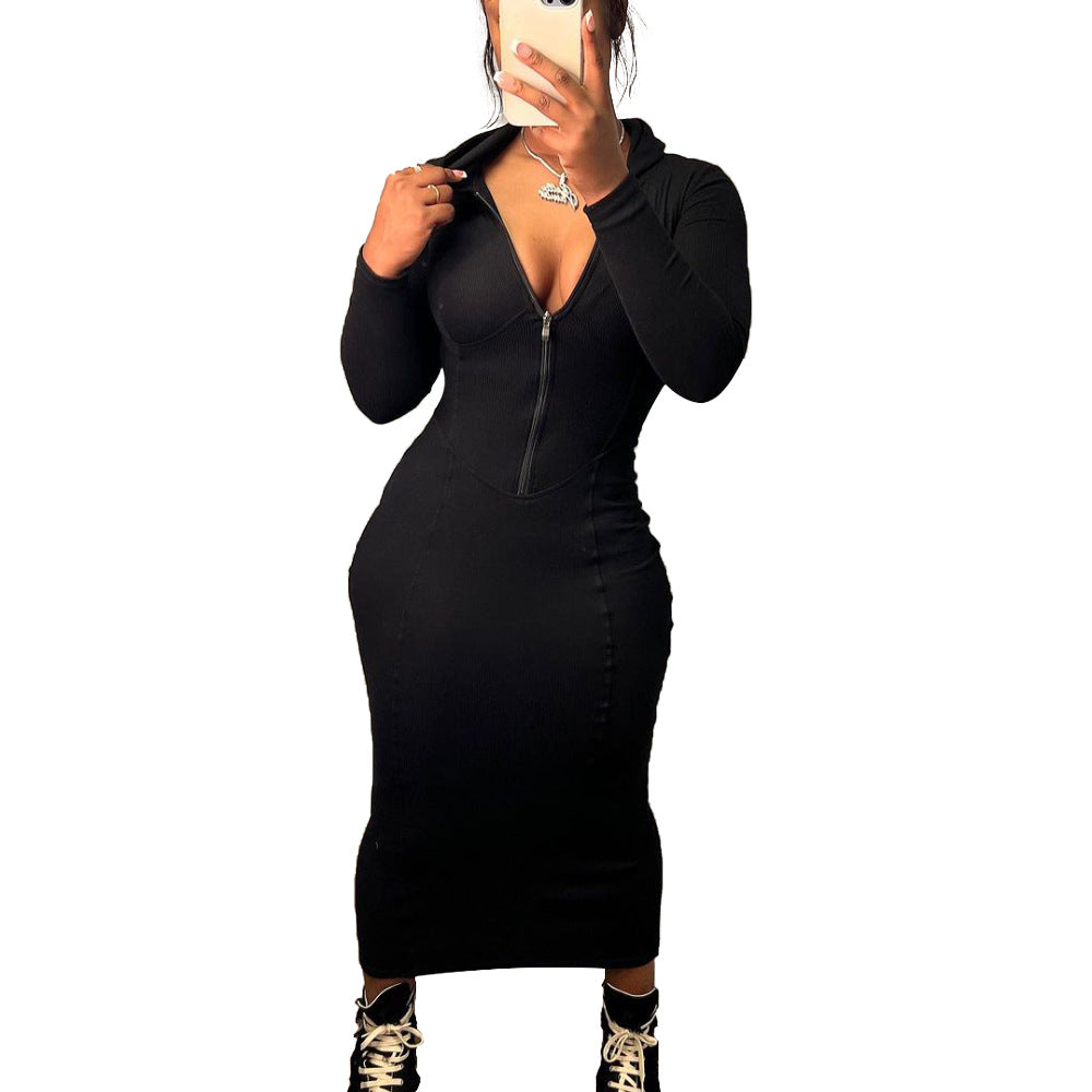 solid color long sleeve hooded zipper tight slim long dress 3