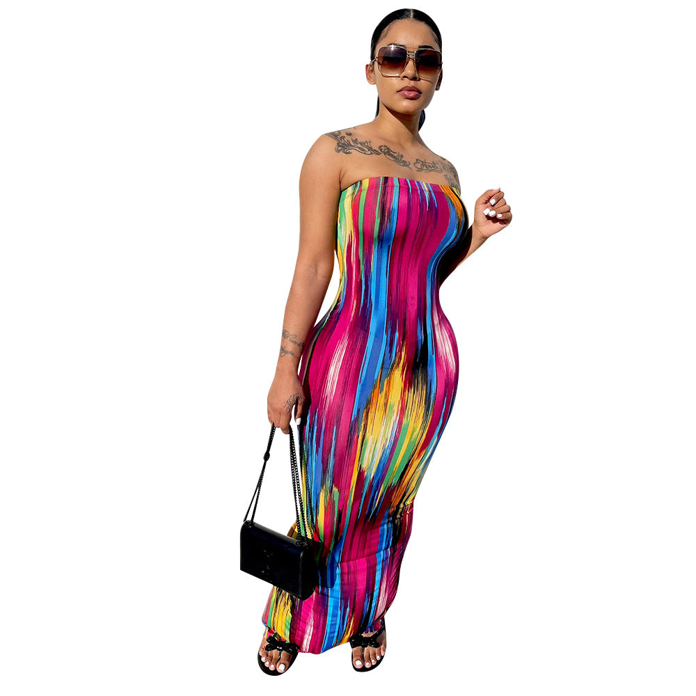 Women Summer Sexy Off Shoulder Strapless Striped Printed Slit Dress 6