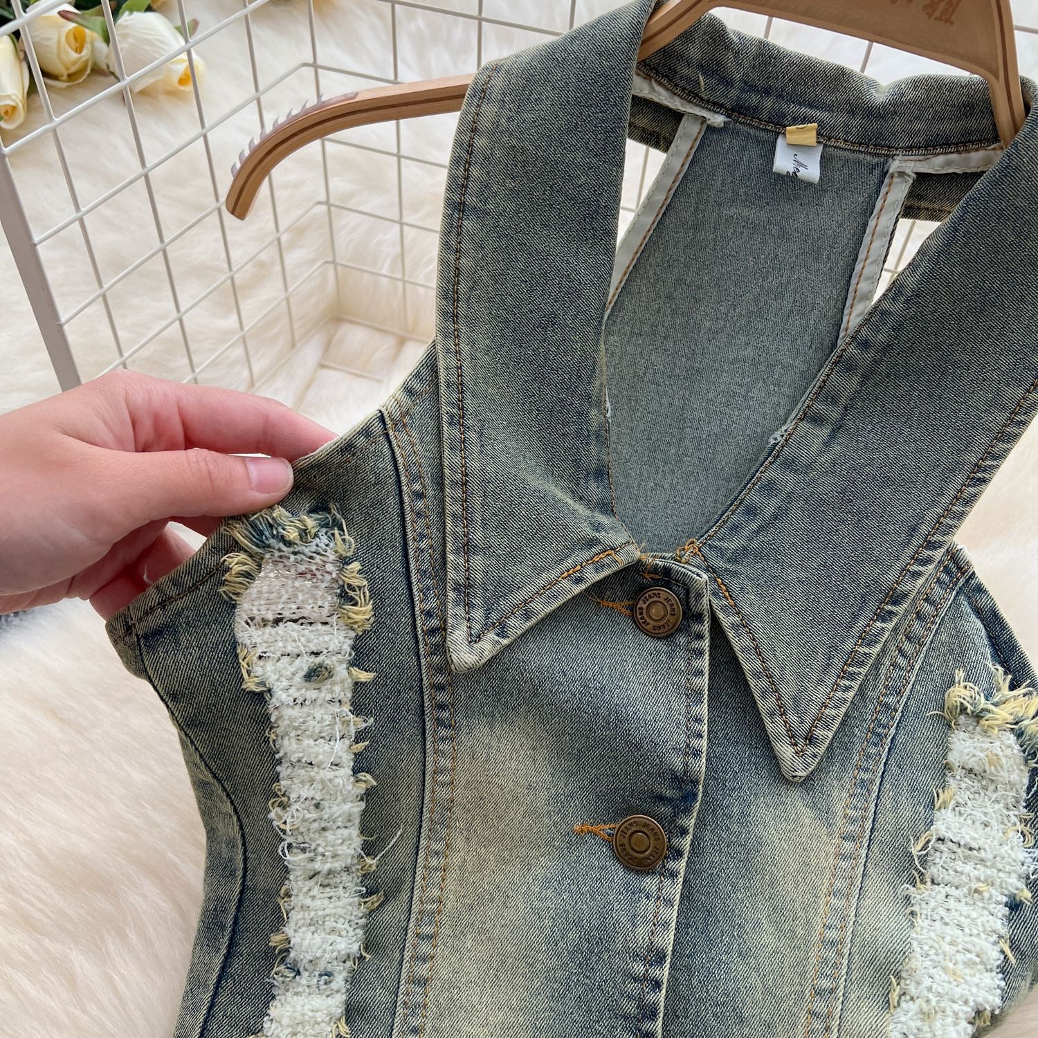 Turn Down Collar Distressed Denim Halter Top Slit Skirt Set 21