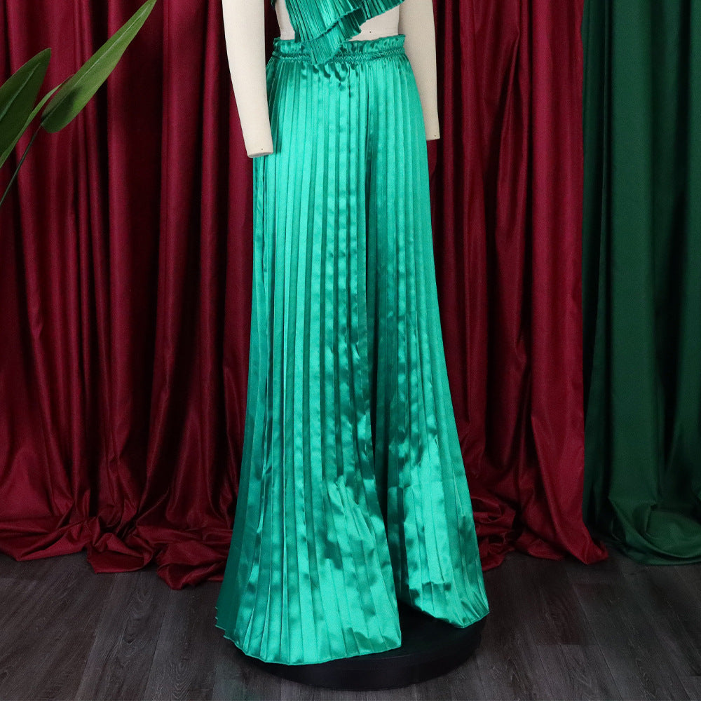 Summer Ladies Solid Color Casual Loose Pleated Wide Leg Pants African Trousers 17