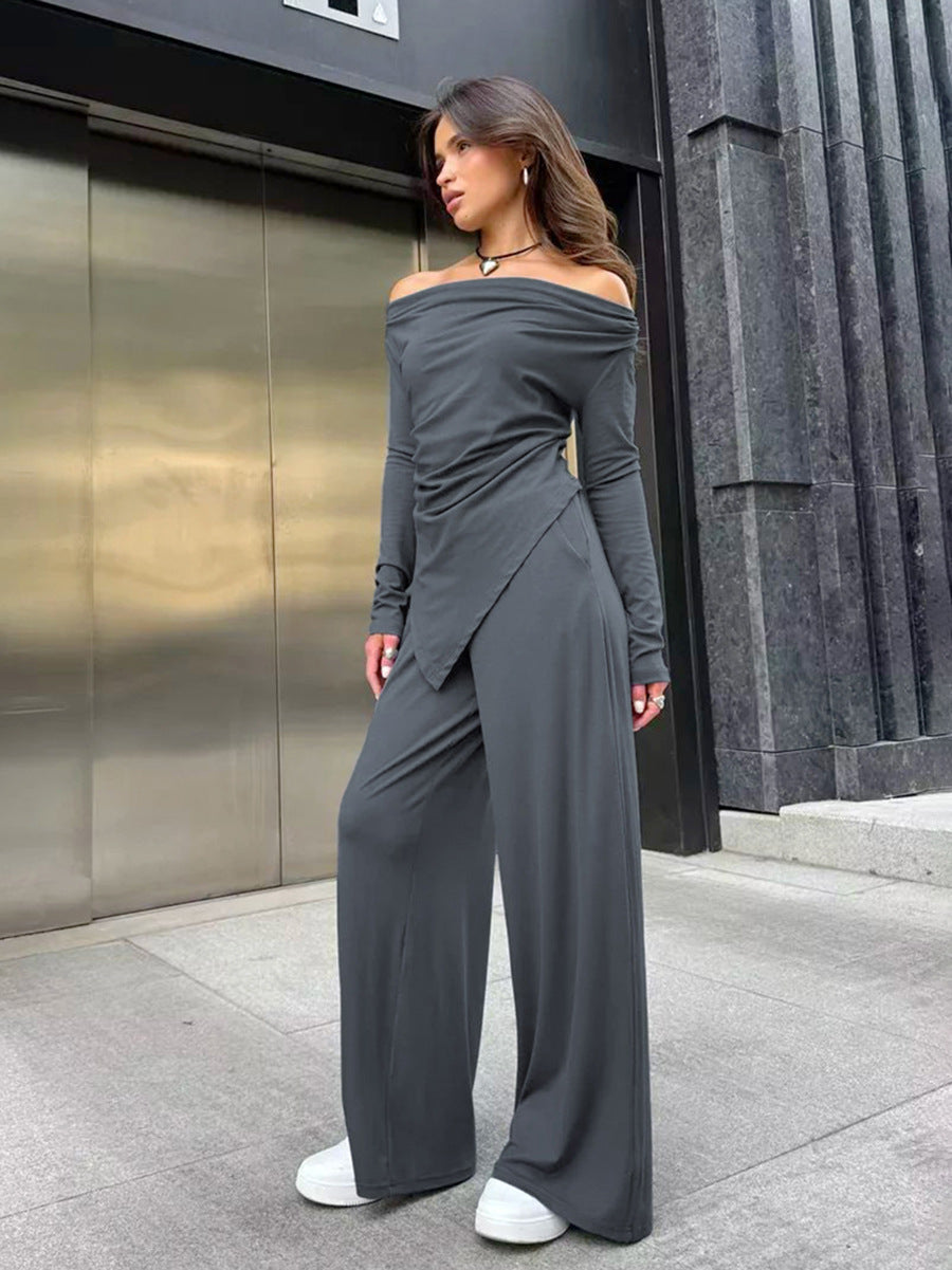 Autumn And Winter Grey Knitting Fashion Off Shoulder Long Sleeve Top High Waist Wide Leg Pants Casual Two Piece Set 7