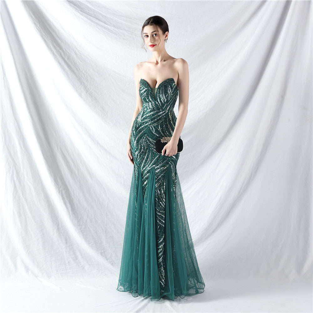 Sequin Mesh Patchwork Strapless Mermaid Evening Dress 21