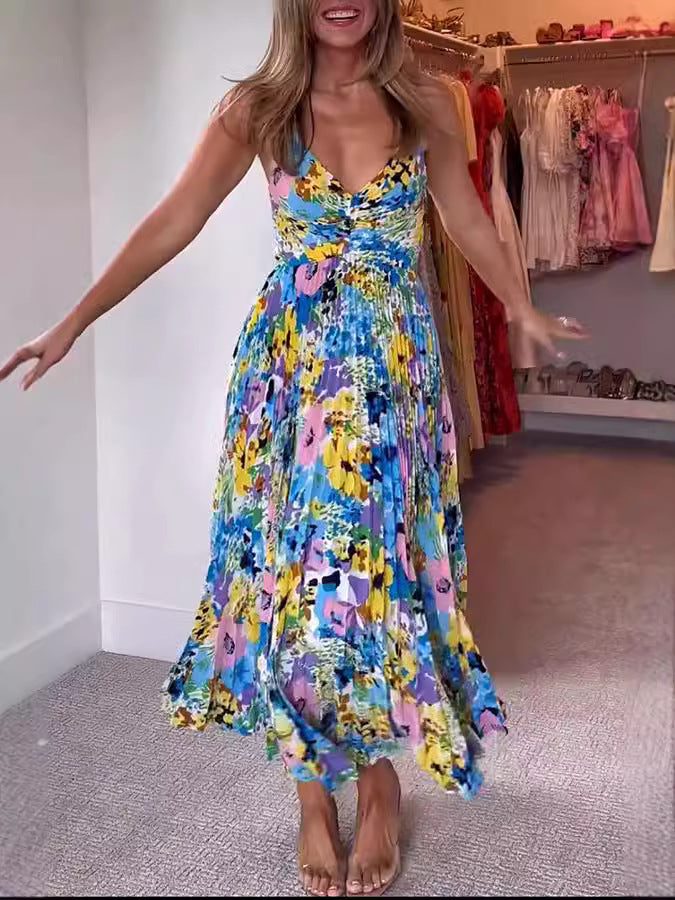 Women V-Neck Printed Sleeveless Beach Pleated Sexy Strap Dress 6