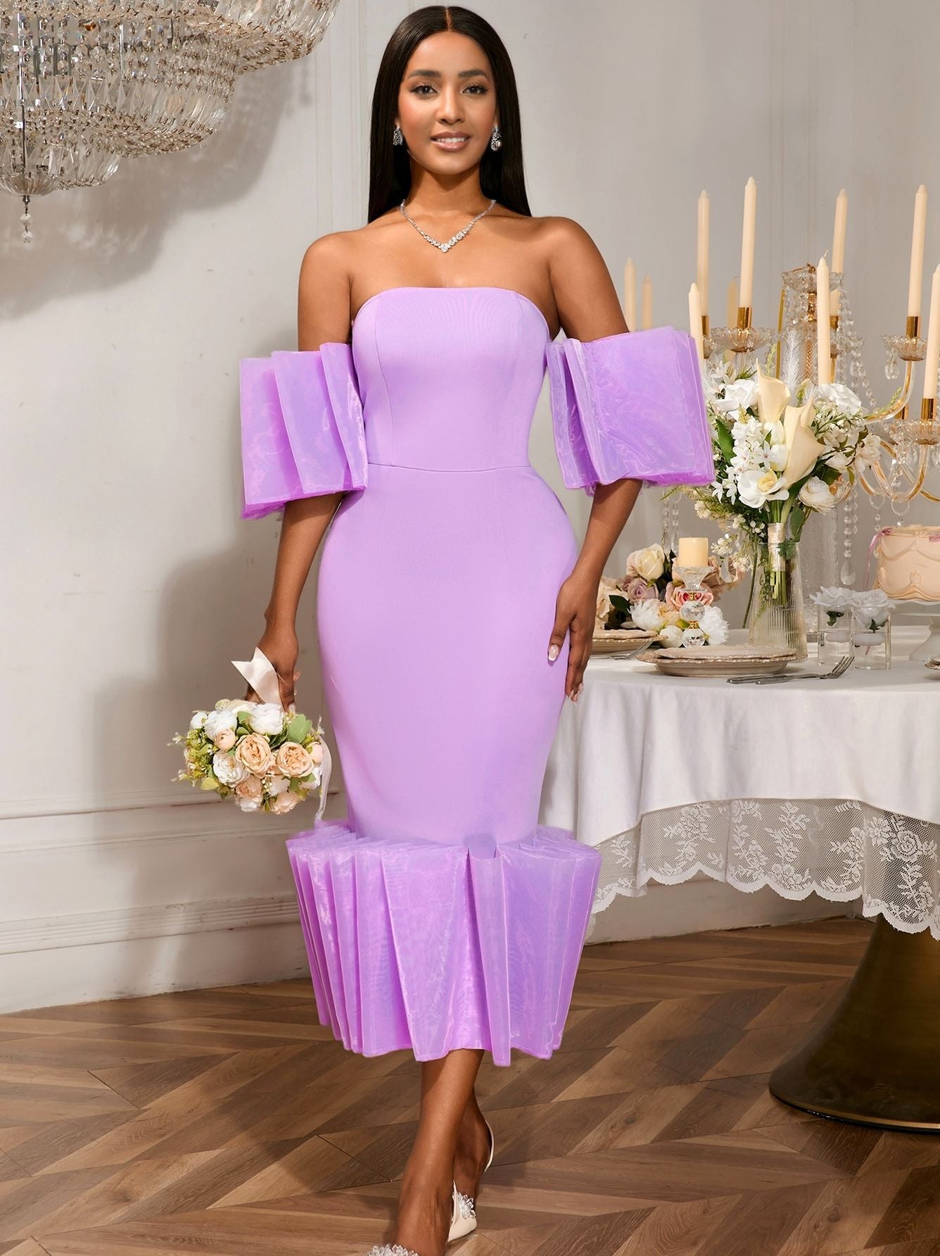 Sexy Off Shoulder Purple Dress Ruffle Party Evening Gown