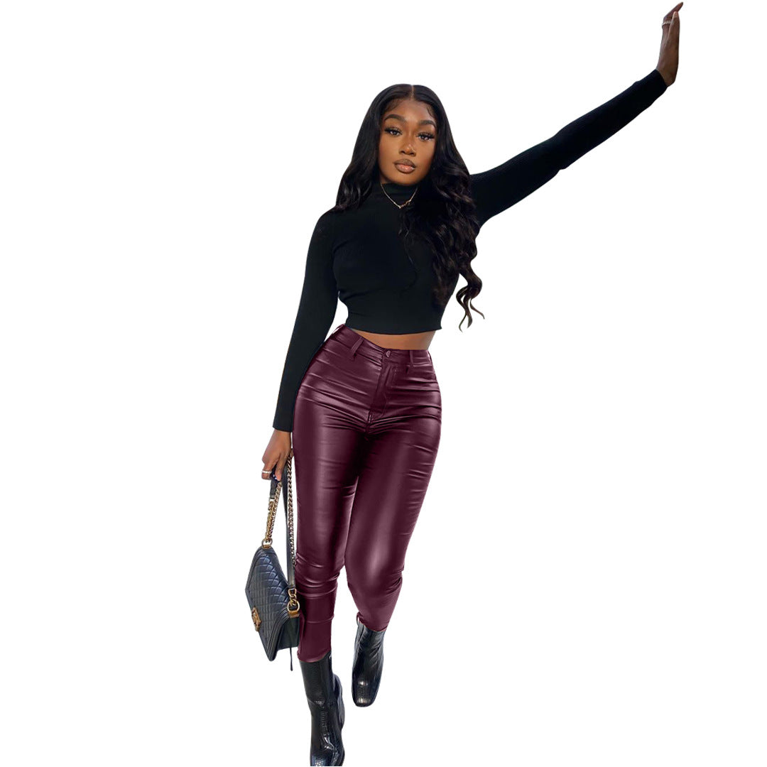 Elastic Leg Pu Leather Pants 14