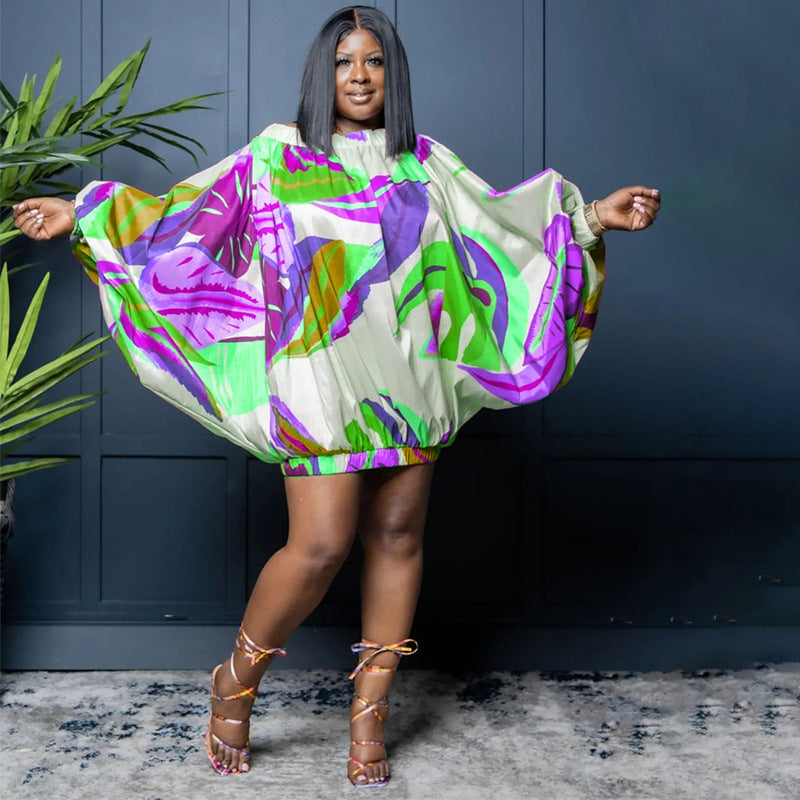 plus size off shoulder printed bat long sleeve loose dress 26