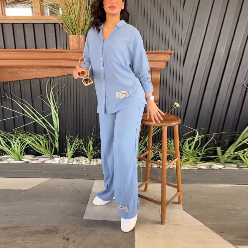 Plus Size Women loose long-sleeved shirt and slit wide-leg pants two-piece set 6