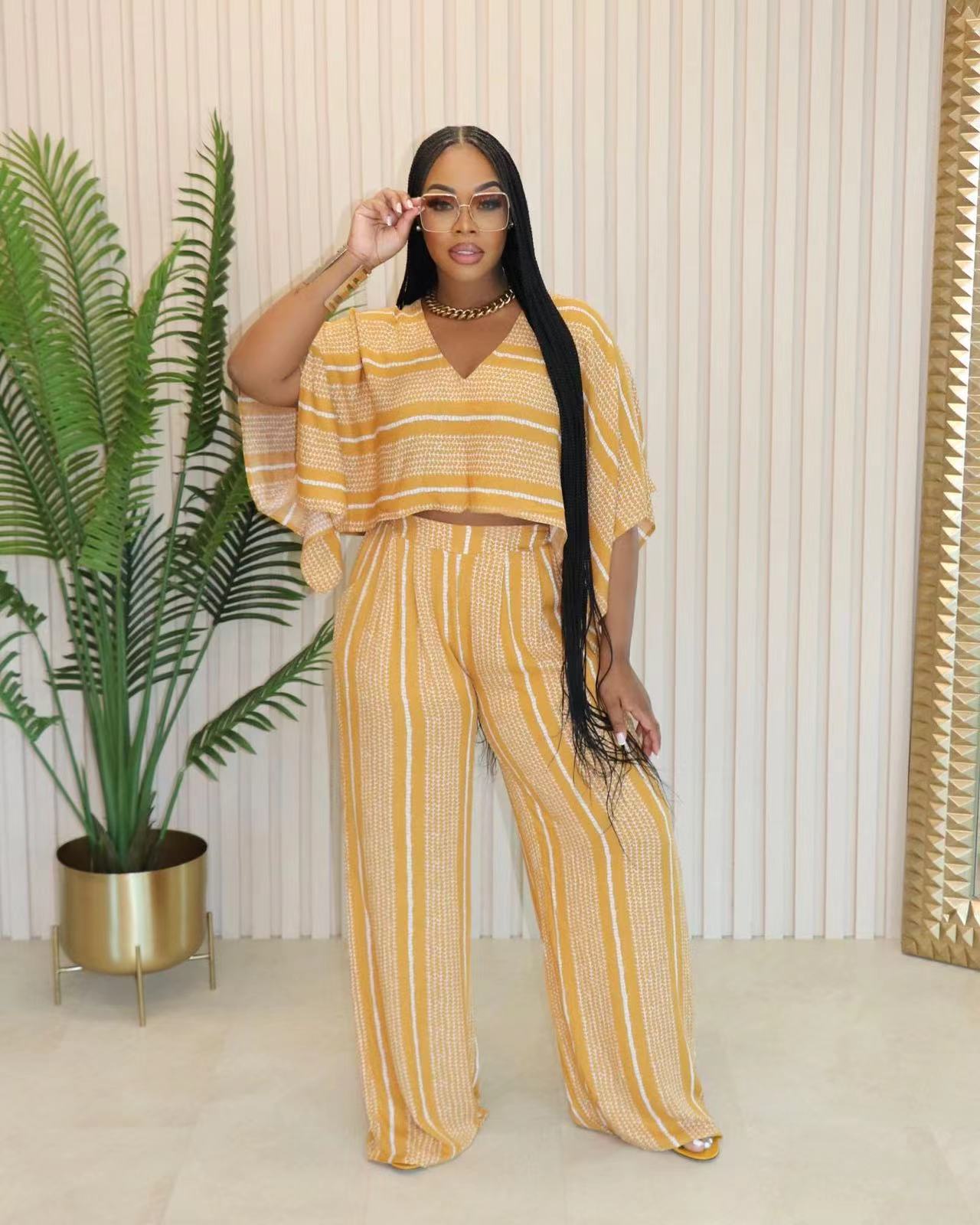 Women summer V neck print Top and Pants Casual two-piece set