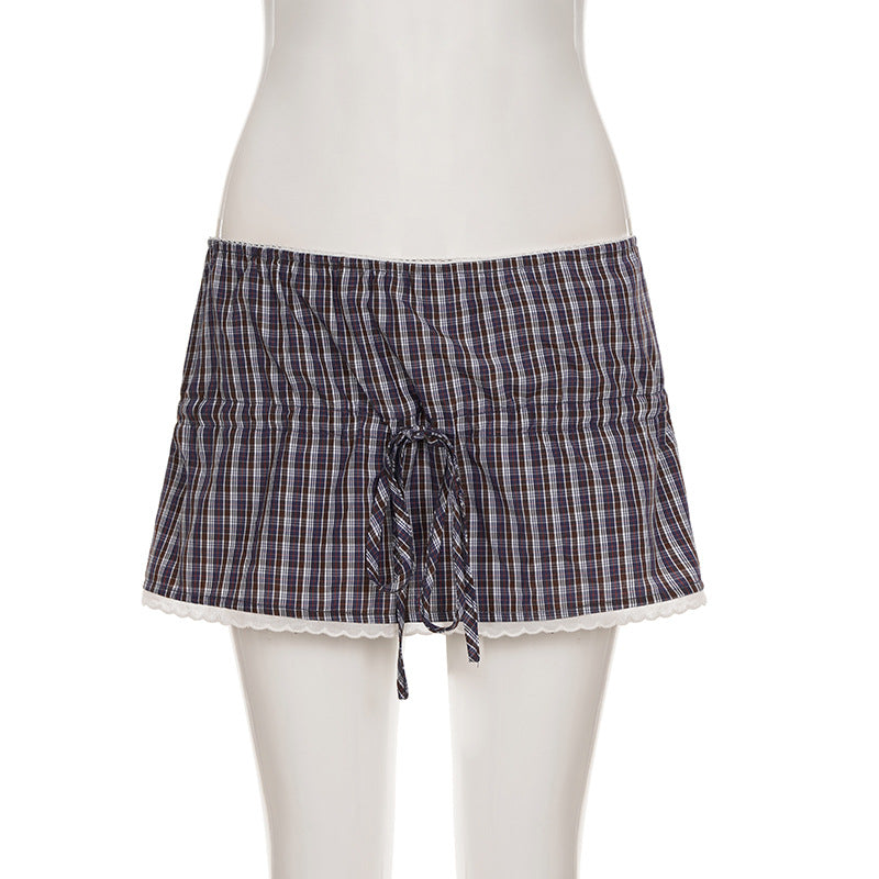 Women's Plaid Lace Trim Elastic Tie-Waist Trendy Woven Short Shirt Set 16