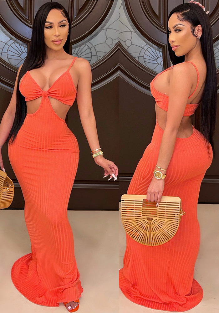 Women's Solid Color Strap Hollow Waist Long Dress