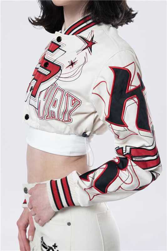 Fashionable American Embroidery Ribbed Short Long Sleeve Single Breasted Baseball Jacket 8