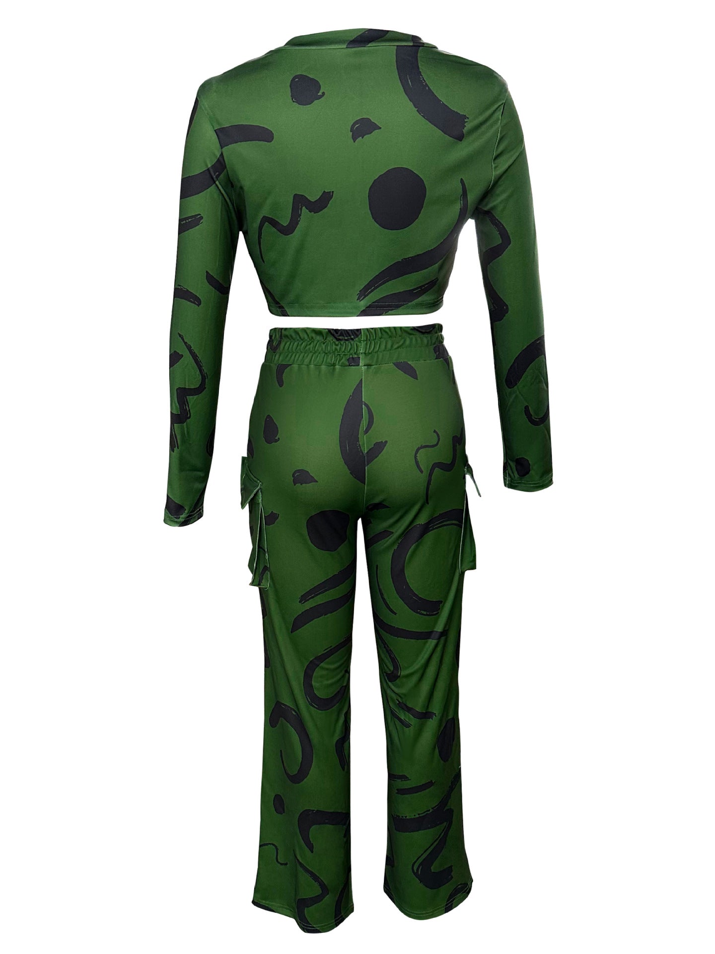 Women Autumn and Winter Geometric Line Print Casual Sexy Short Top and Pant Two-piece Set 29