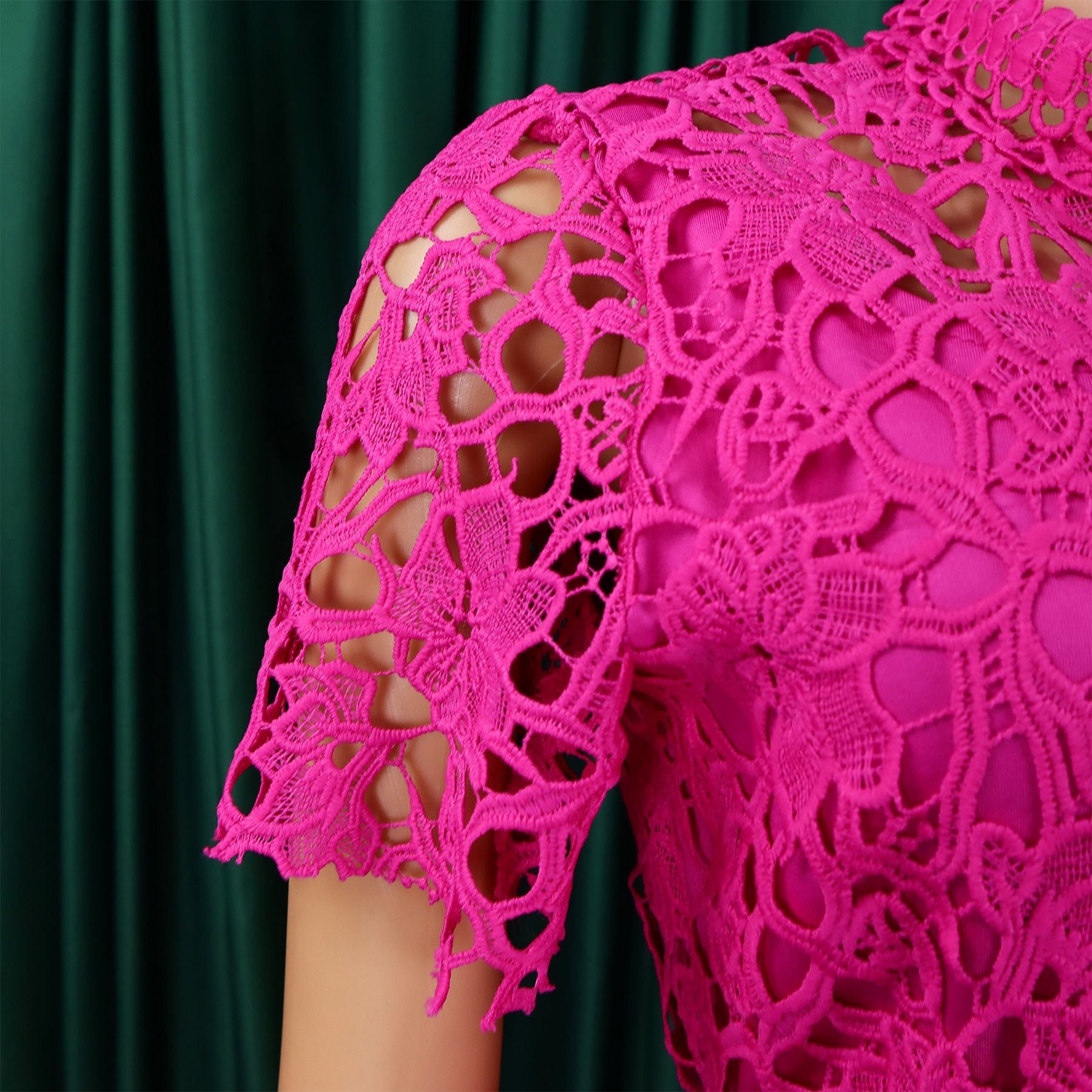 Women's Sexy Lace Hollow Short Sleeve Belt High Waist Wide Leg Jumpsuit 30