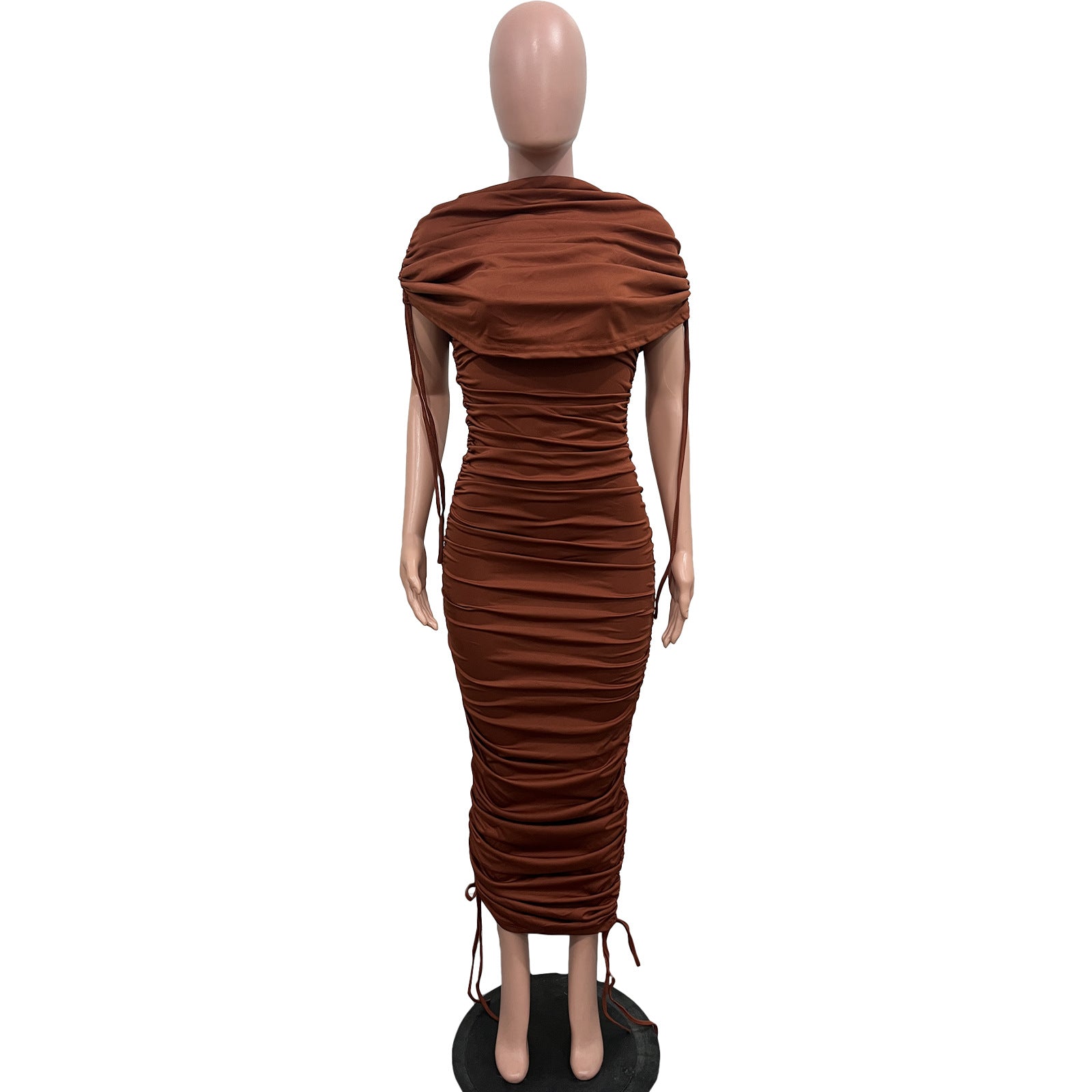 Women Solid Pleated Drawstring Zip Irregular Dress 23