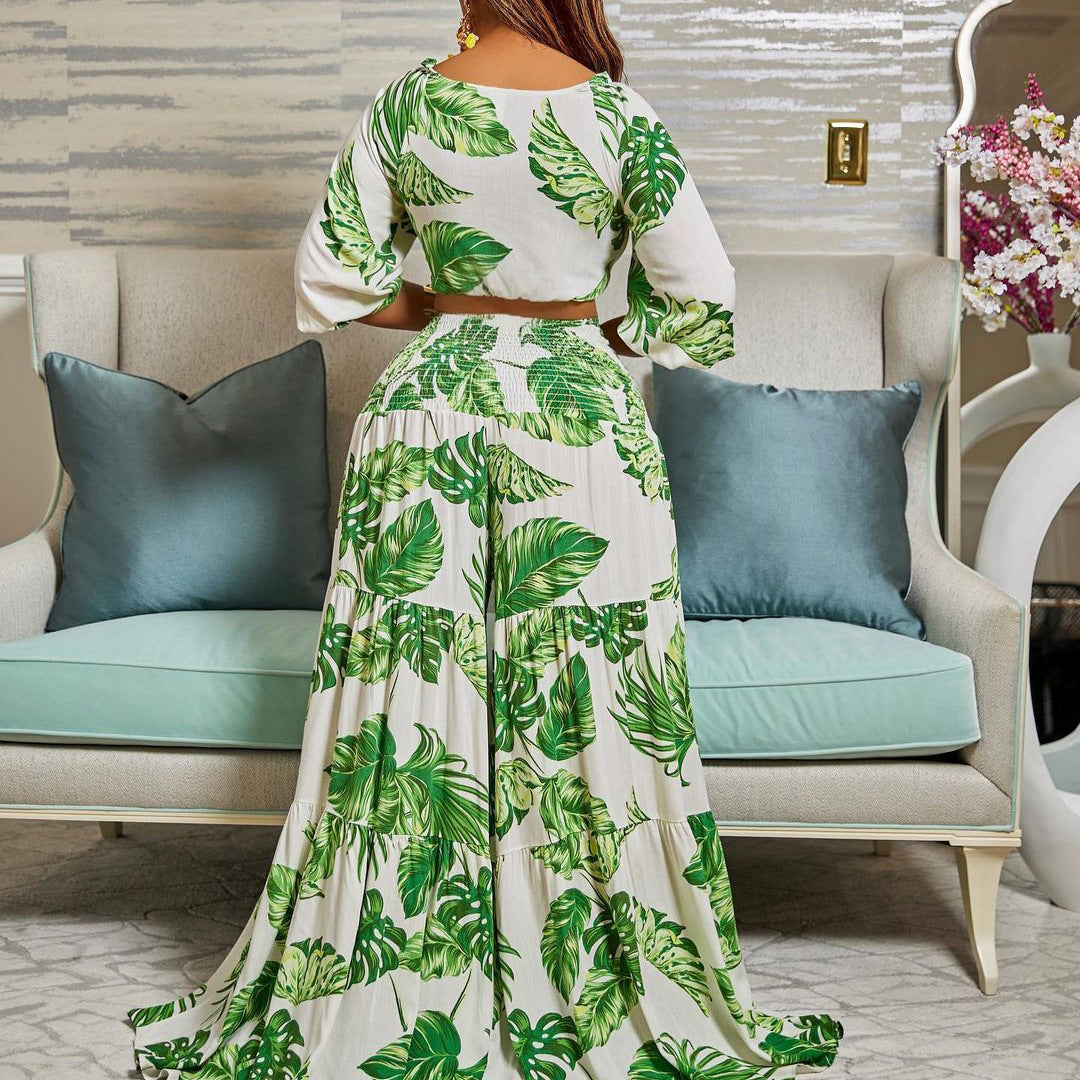 Women Printed V-neck Lace-Up Top + Wide Leg Pants Two-Piece Set 4