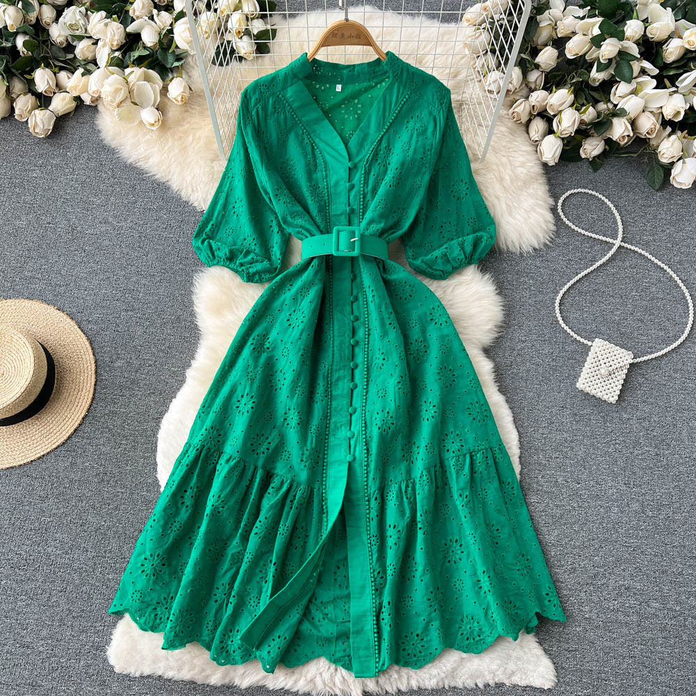V-Neck Hollow-Out Dress Puff Sleeve Loose Embroidery Slim Waist Slim Fit  V-Neck Hollow-Out Dress 15