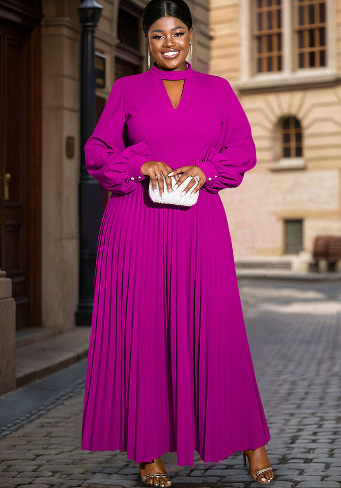 Women hollow Stand Collar lantern sleeve pleated Dress