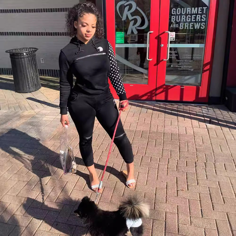 Women's Autumn Winter Fashion Zipper Polka Dot Patchwork Hooded Two-Piece Pants Set 5