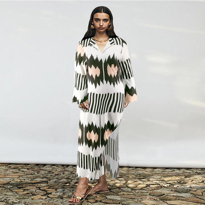 Plus Size Women's Turndown Collar Long Sleeve Slit Casual Dress 4