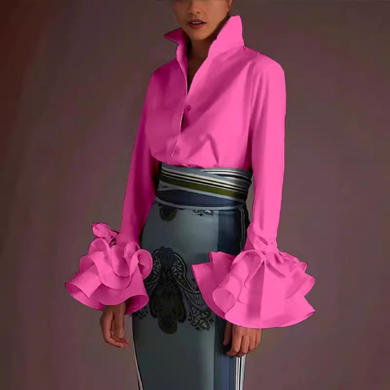 Autumn Women's Solid Color Slim Casual Ruffle Sleeve Shirt Top 6