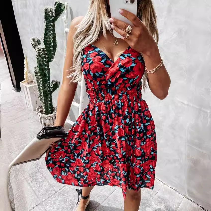 Summer Fashion V-Neck Floral Strap Slim Waist Casual Dress 6