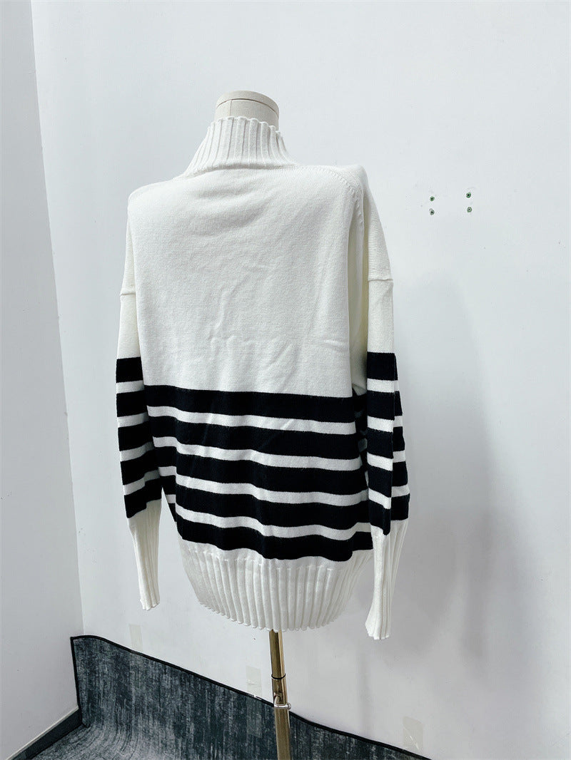 Women autumn and winter black and white striped high collar knitting sweater 13