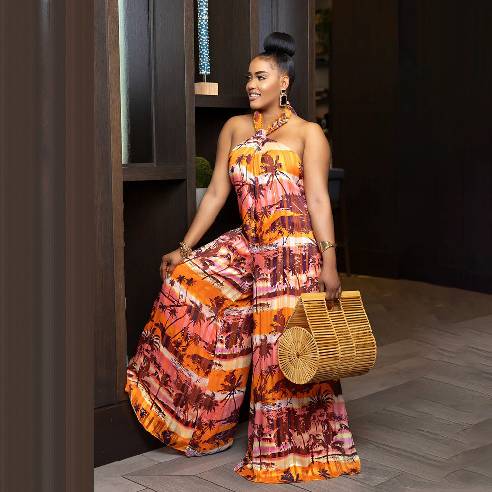 Women Halter Neck Backless Loose Casual Jumpsuit