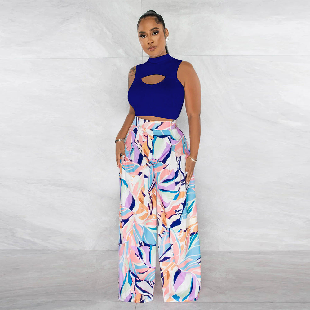 Women's Fashion Sleeveless Round Neck Cropped Top Printed Wide Leg Pants Two-Piece Set 6