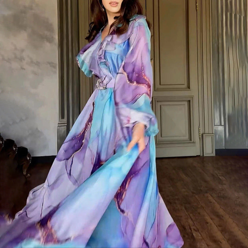 Plus Size Women Printed Turndown Collar Mesh Dress 5