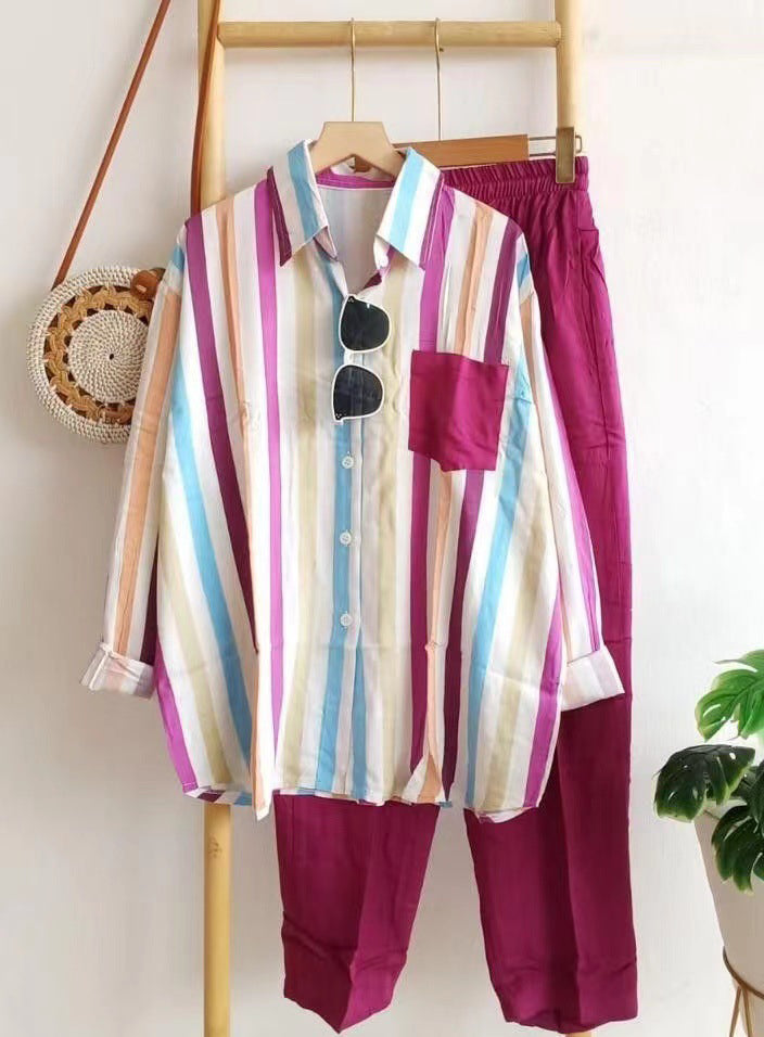 Women Striped Casual Long Sleeve Top and Long Pants Two-piece Set 6