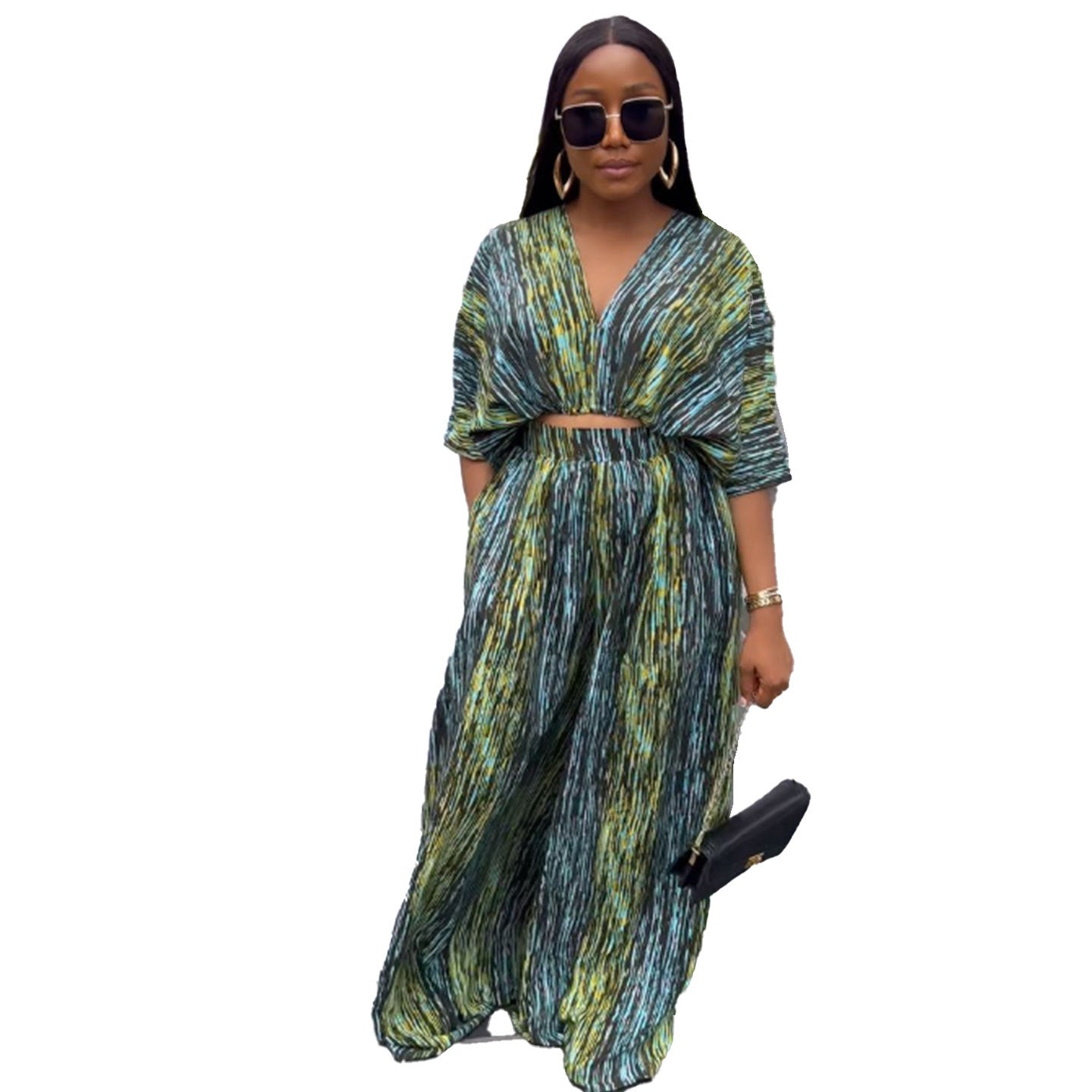 Printed Contrasting V-Neck Wide-Leg Two-Piece Pants Set 6