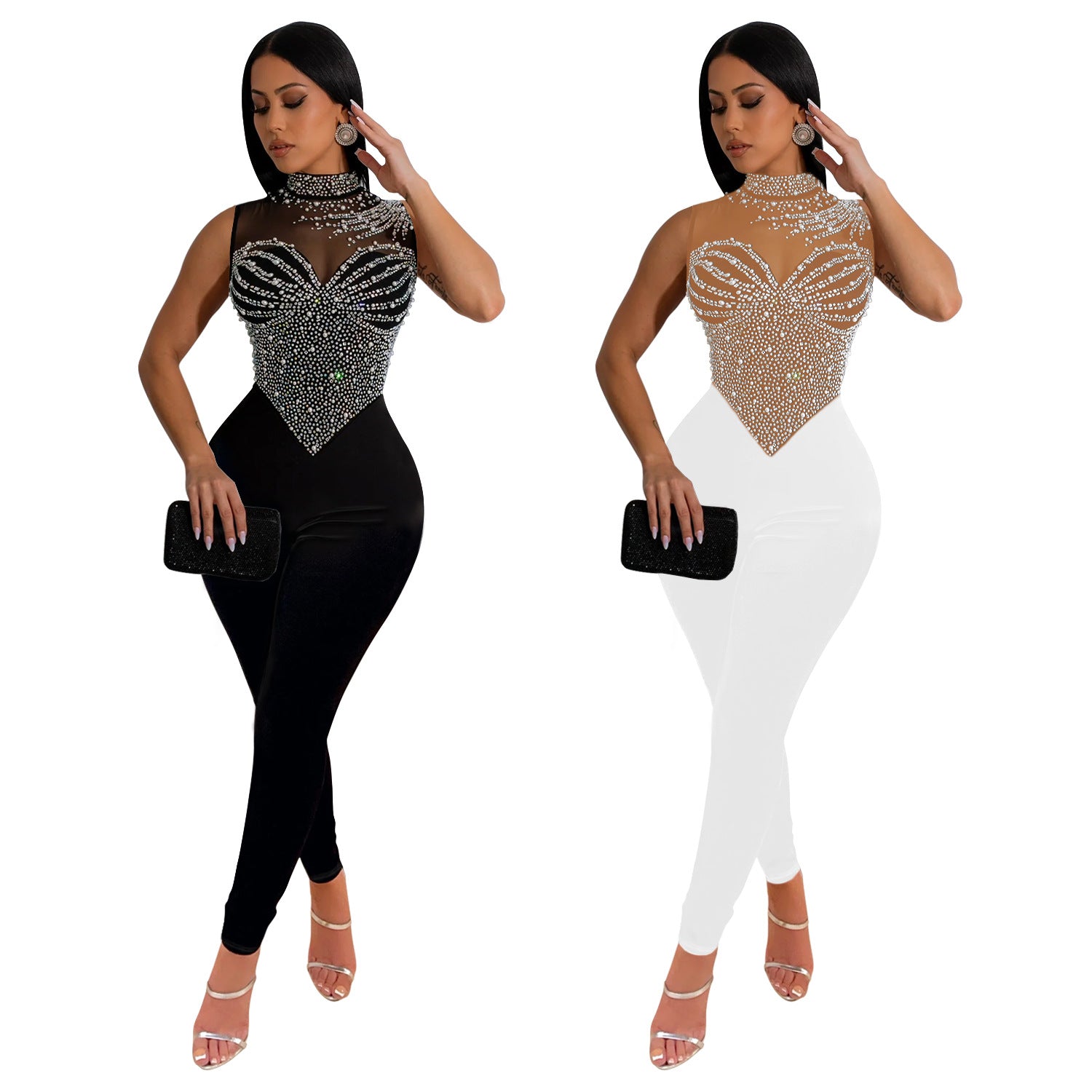 Fashionable Women's Solid Color Mesh Beaded Sleeveless Sexy Jumpsuit 7