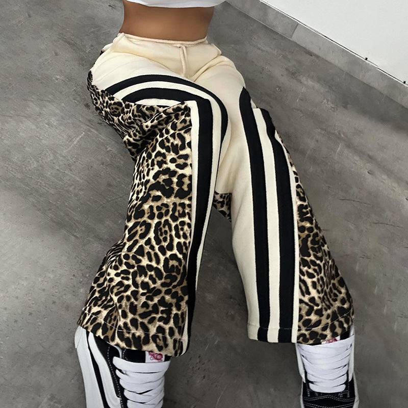 Autumn Style Street Trend Leopard Print Striped Color Block High Waist Loose Sweatpants 5