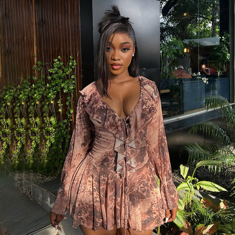 Women Summer/Autumn Ruffled Collar Long-Sleeved Mesh Leopard Print Off-The-Shoulder Pleated Dress 4