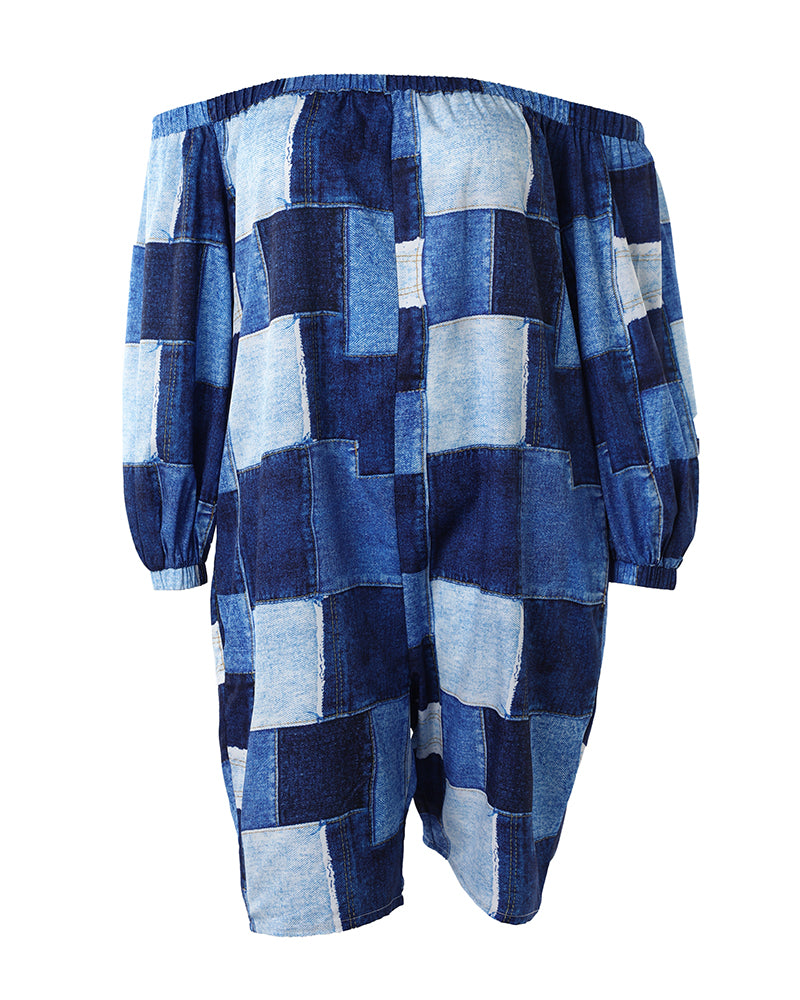 Contrast Block Print Off Shoulder Casual Jumpsuit 6