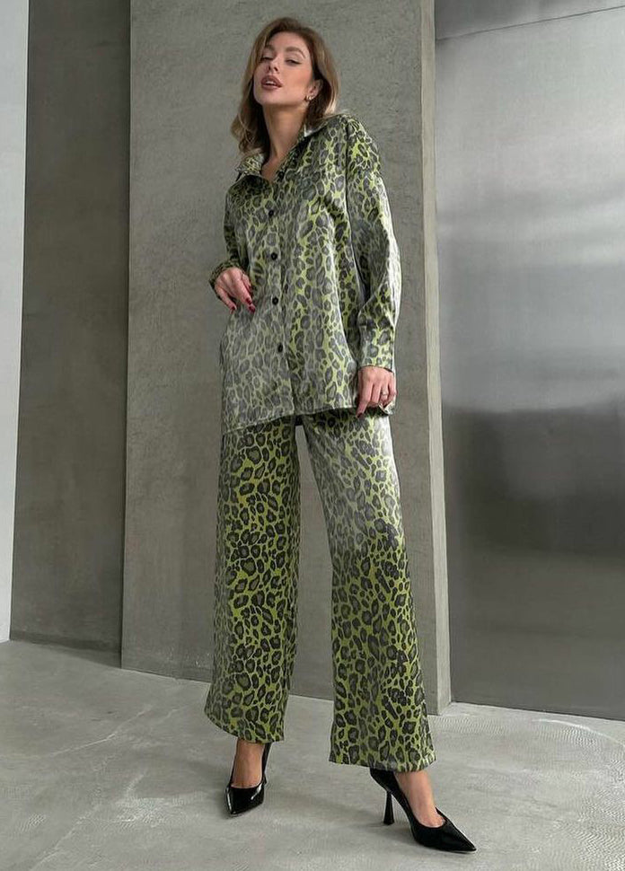 Spring Fashion Casual Women's Leopard Print Long Sleeve Shirt Pants Two Piece Set