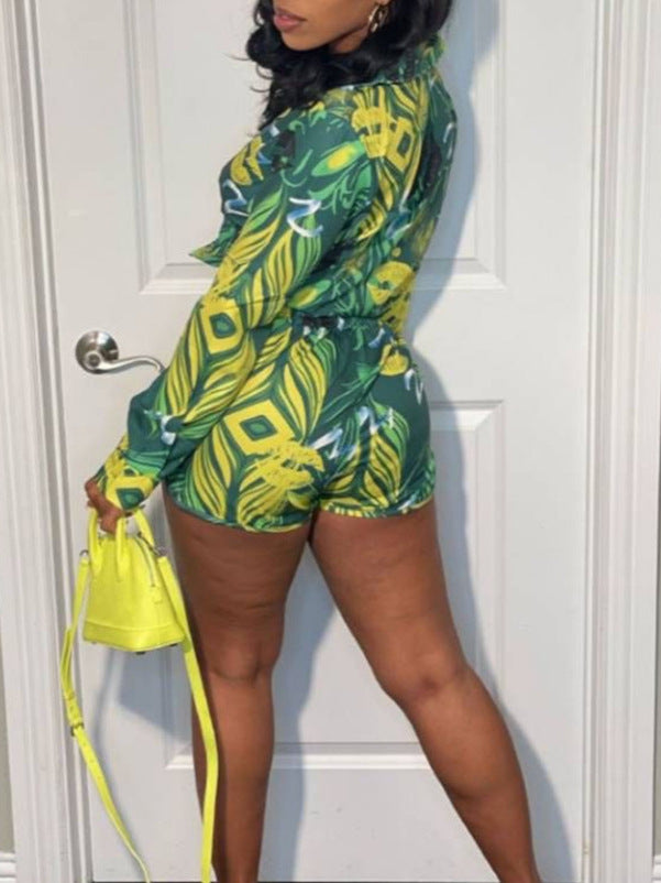 Women summer printed long-sleeved shirt and shorts Casual two-piece set 3