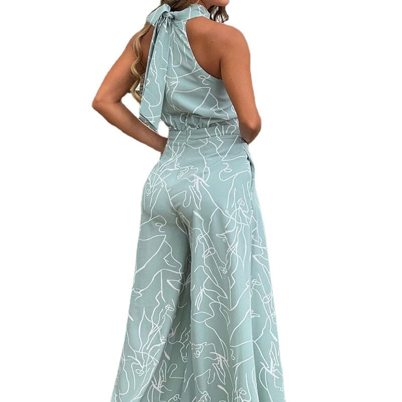 Summer Women Elegant Lace-Up Sleeveless Halter Neck Print Jumpsuit 14