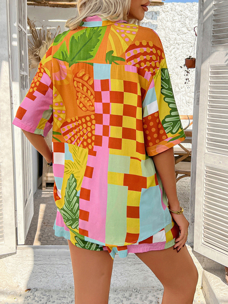 Bohemian Print Holiday Casual Short-Sleeve Shorts Set 12