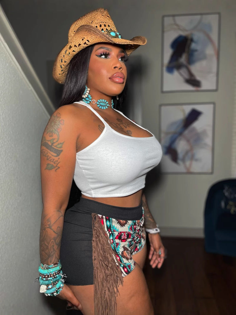 Women Sexy Tank Top and Tassel Shorts Two-piece Set 3