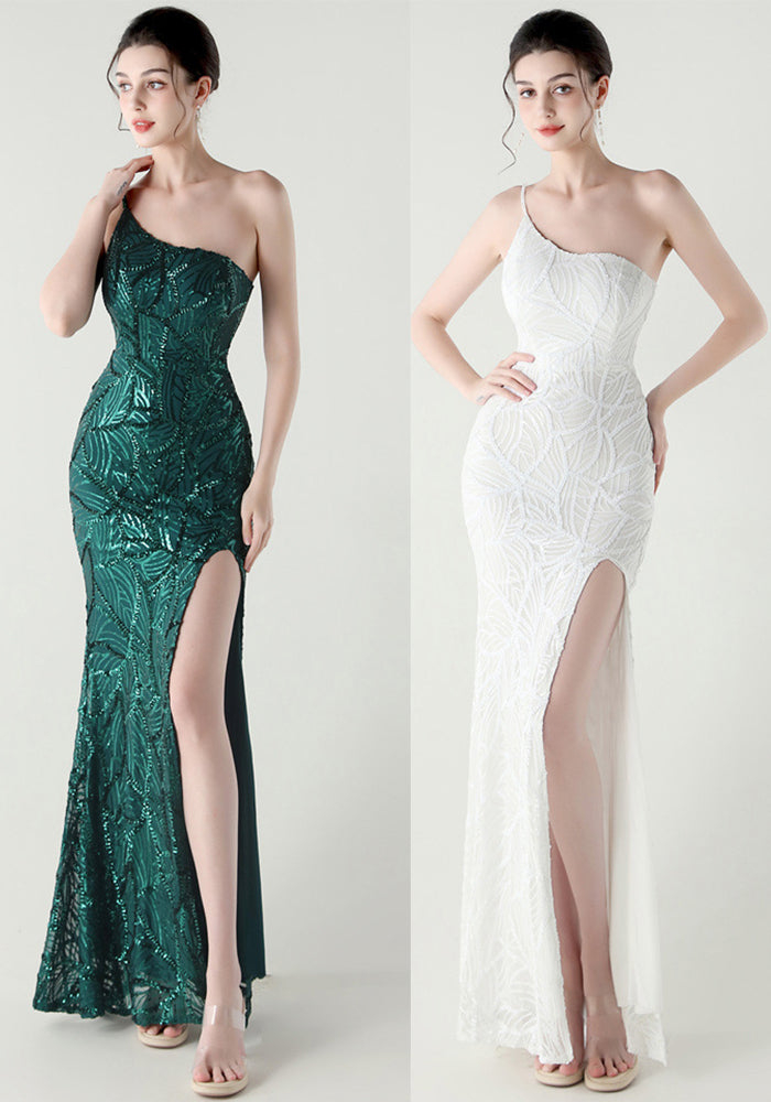 Women One Shoulder Beaded Geometric Sequin Formal Party Prom Wedding Evening Dress