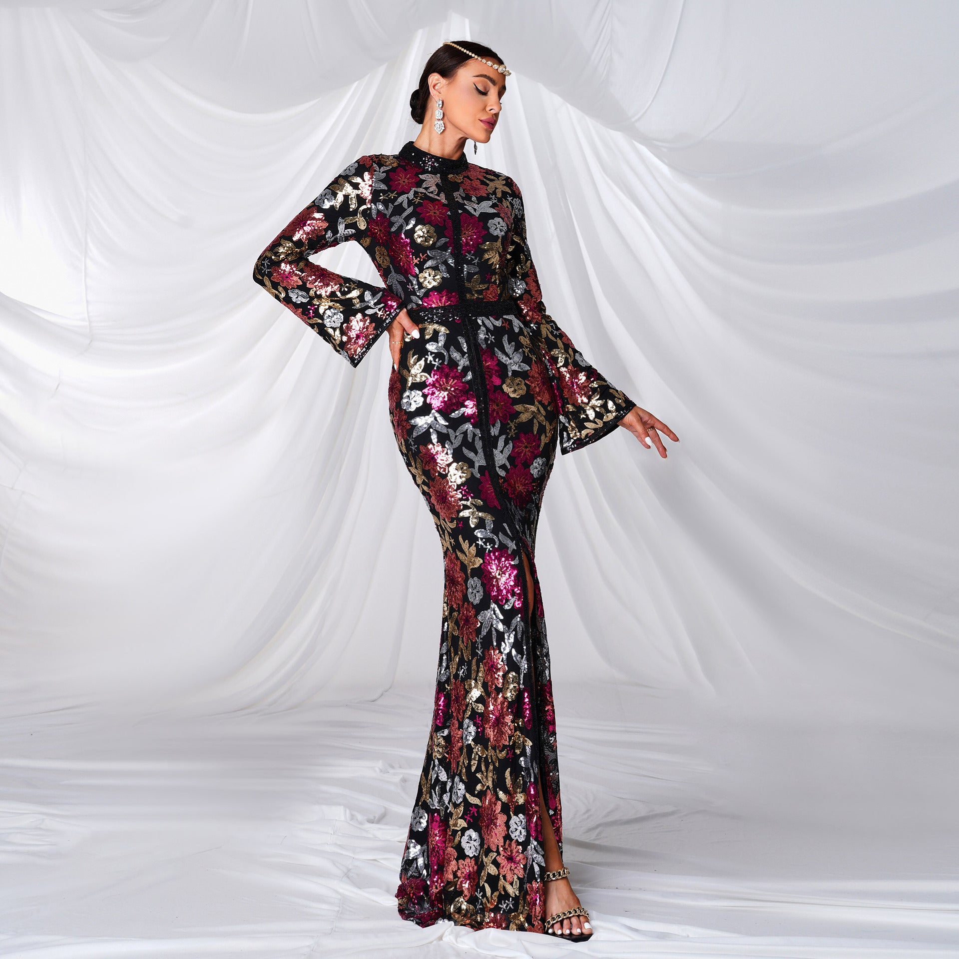 Women long sleeve Round Neck Formal Party sequined fishtail evening dress