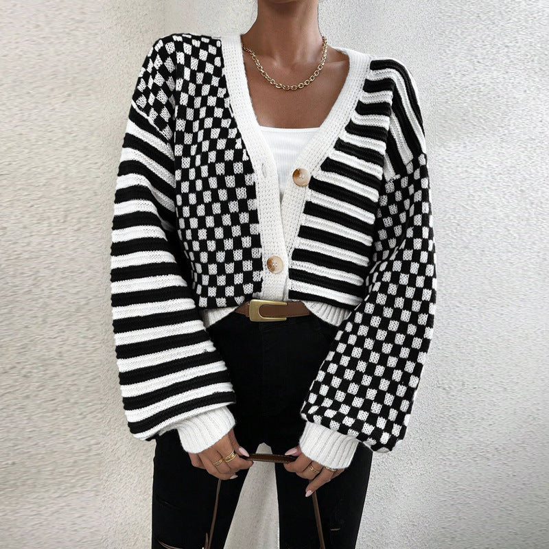 Autumn And Winter Sweater Women's Plaid Patchwork Striped Knitting Coat 3